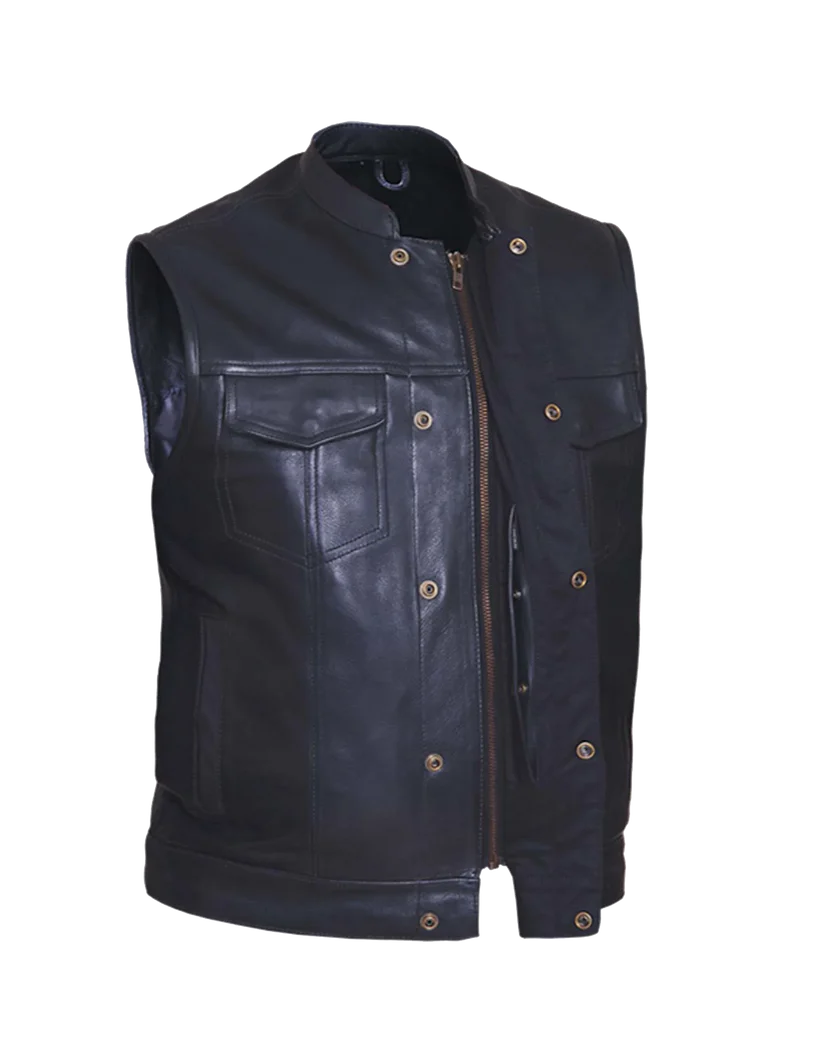 The Club vest made from lightweight Promo leather. It features: a tab style collar, snap front and zippered closure, solid panel back, two lower front snap pockets, front chest snap pockets, and inside conceal carry pockets on each side. Available in our Smyrna, TN shop just outside of Nashville.