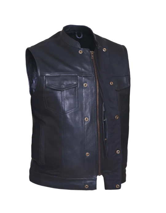 The Club vest made from lightweight Promo leather. It features: a tab style collar, snap front and zippered closure, solid panel back, two lower front snap pockets, front chest snap pockets, and inside conceal carry pockets on each side. Available in our Smyrna, TN shop just outside of Nashville.