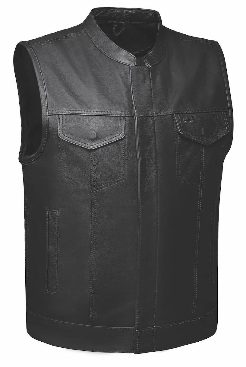 The Club vest made from lightweight Promo leather. It features: a tab style collar, snap front and zippered closure, solid panel back, two lower front snap pockets, front chest snap pockets, and inside conceal carry pockets on each side. Available in our Smyrna, TN shop just outside of Nashville.
