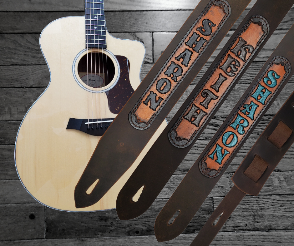 Acoustic Guitars, Great Songs,Great Musicians and Lyrics have been staple for years in Country music!  "This 2" or 2 1/2" wide Guitar Strap is a nod to that classic influence. The main Body of the strap is approx. 1/8" thick Distressed Brown Leather Strap with a CUSTOMIZABLE LEATHER NAME PATCH. The classic adjustment style goes from approx. 42" to 56" at it's longest . Made just outside Nashville in our Smyrna, TN. shop.