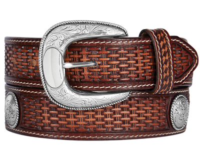 The beauty of this Basket weave belt is the white border stitching and Faded brown to tan center colors that bring out its rich textural pattern. A Silver colored Conchos and buckle echoes the design on the strap. Proudly handcrafted in the USA with imported materials. Belt is 1 1/2" wide and has snaps for simple buckle change. Available at our Smyrna, TN shop just outside Nashville.  Made in USA by Brighton for Tony Lama.