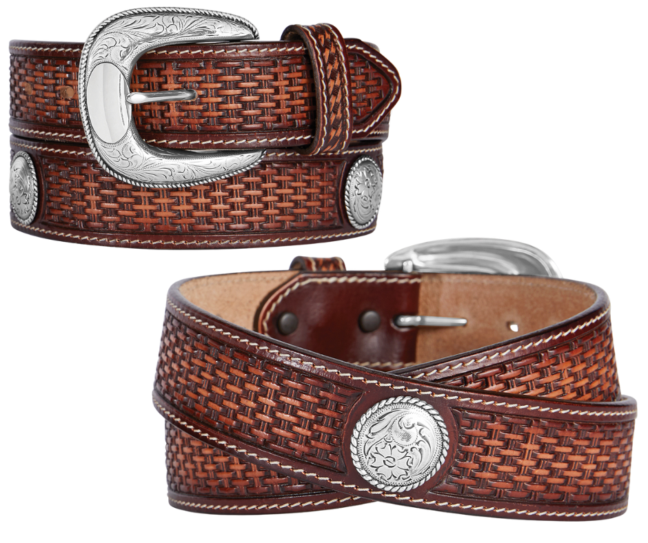 The beauty of this Basket weave belt is the white border stitching and Faded brown to tan center colors that bring out its rich textural pattern. A Silver colored Conchos and buckle echoes the design on the strap. Proudly handcrafted in the USA with imported materials. Belt is 1 1/2" wide and has snaps for simple buckle change. Available at our Smyrna, TN shop just outside Nashville.  Made in USA by Brighton for Tony Lama.