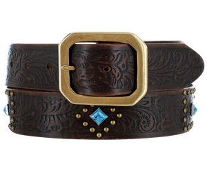 The rich leather belt strap has Western pattern floral embossing in dark brown accented with small round gold studs in a Diamond shaped pattern, a diamond shaped Turquoise colored stone, completed with a Clipped corner square buckle. It has snaps for easy buckle change. This chocolate brown color will match and go with a lot of boots and outfits and is available at our Smyrna, TN shop not far from Nashville.