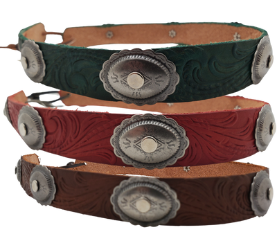 A classic Western Styled pattern with a Southwest Antique nickel concho completes our <b><i>Rustler Hand Stained</i></b> leather hatband. Band is 1" wide will fit up to size 7 1/2 hat. Matches our Rustler Belt. Fit's most any hat with adjustable bead and leather 1/8" string. Will fit most WESTERN crowned hats. Made in our Smyrna, TN. shop a short drive from downtown Nashville, TN.
