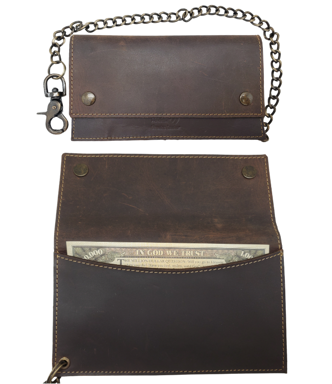 Updated Classic Distressed Brown or Black Long Style RFID Secure Tri-fold Chain Wallet. 2 cash slots, Extra backside pocket, 3-4 card slots, zippered pocket for all your important stash. Will darken with a nice patina with use. It&