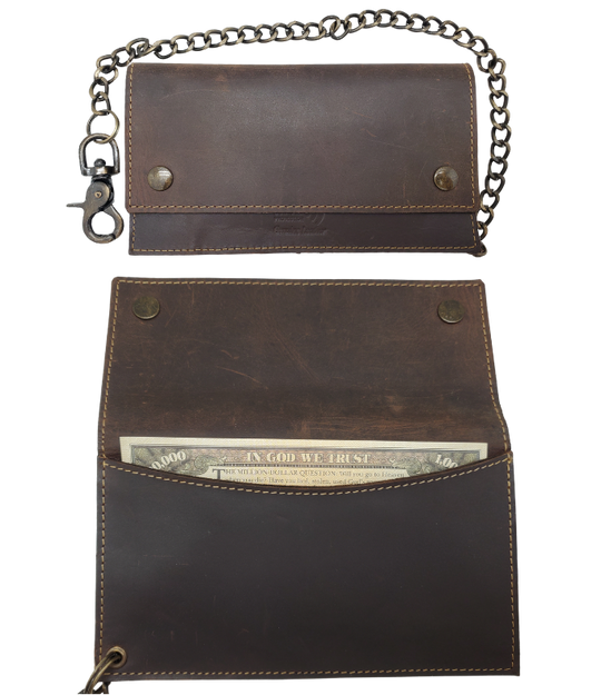 Updated Classic Distressed Brown or Black Long Style RFID Secure Tri-fold Chain Wallet. 2 cash slots, Extra backside pocket, 3-4 card slots, zippered pocket for all your important stash. Will darken with a nice patina with use. It&