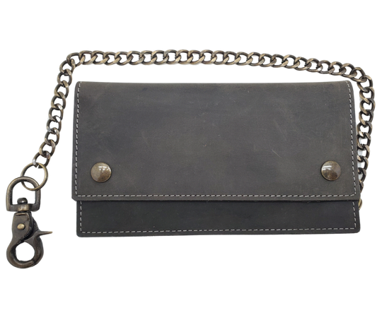 Updated Classic Distressed Brown or Black Long Style RFID Secure Tri-fold Chain Wallet. 2 cash slots, Extra backside pocket, 3-4 card slots, zippered pocket for all your important stash. Will darken with a nice patina with use. It&