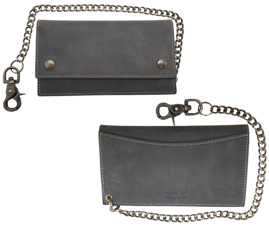 Updated Classic Distressed Brown or Black Long Style RFID Secure Tri-fold Chain Wallet. 2 cash slots, Extra backside pocket, 3-4 card slots, zippered pocket for all your important stash. Will darken with a nice patina with use. It&