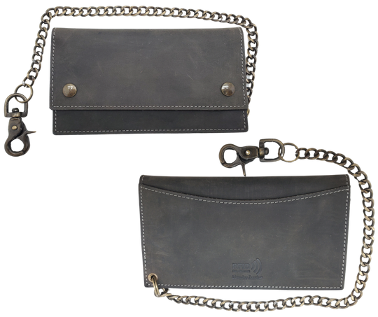 Updated Classic Distressed Brown or Black Long Style RFID Secure Tri-fold Chain Wallet. 2 cash slots, Extra backside pocket, 3-4 card slots, zippered pocket for all your important stash. Will darken with a nice patina with use. It&