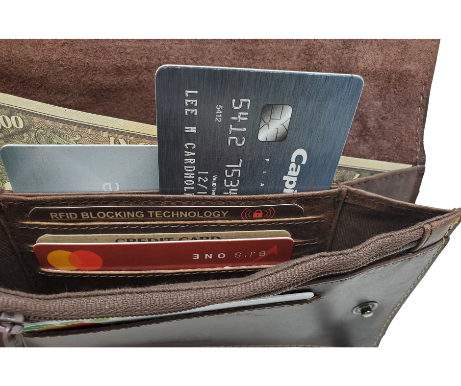 Updated Classic Distressed Brown or Black Long Style RFID Secure Tri-fold Chain Wallet. 2 cash slots, Extra backside pocket, 3-4 card slots, zippered pocket for all your important stash. Will darken with a nice patina with use. It&