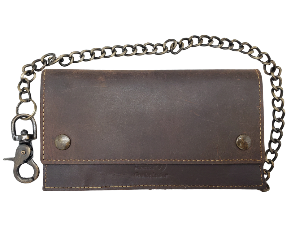 Updated Classic Distressed Brown or Black Long Style RFID Secure Tri-fold Chain Wallet. 2 cash slots, Extra backside pocket, 3-4 card slots, zippered pocket for all your important stash. Will darken with a nice patina with use. It&