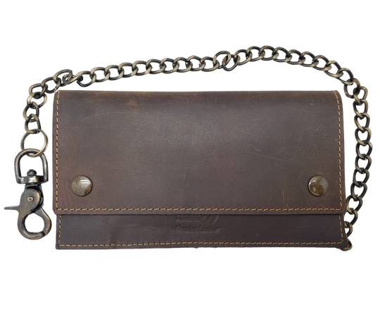 Updated Classic Distressed Brown or Black Long Style RFID Secure Tri-fold Chain Wallet. 2 cash slots, Extra backside pocket, 3-4 card slots, zippered pocket for all your important stash. Will darken with a nice patina with use. It&