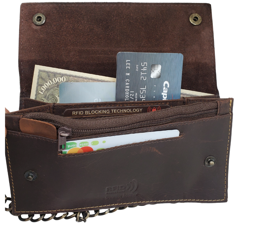 Updated Classic Distressed Brown or Black Long Style RFID Secure Tri-fold Chain Wallet. 2 cash slots, Extra backside pocket, 3-4 card slots, zippered pocket for all your important stash. Will darken with a nice patina with use. It&