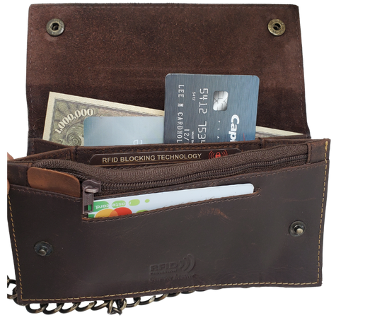 Updated Classic Distressed Brown or Black Long Style RFID Secure Tri-fold Chain Wallet. 2 cash slots, Extra backside pocket, 3-4 card slots, zippered pocket for all your important stash. Will darken with a nice patina with use. It&