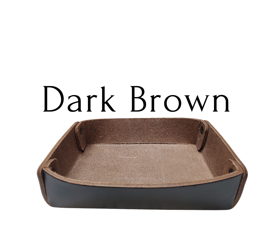 Full 1/8" thick Rectangle Leather Valet tray made in our Smyrna, TN shop. These are our most basic version that we are CLOSING OUT. Very limited stock available. There WILL be some variation from pics in colors. These were Samples and Store Displays. THESE DO NOT COLLASPE like our other valets.