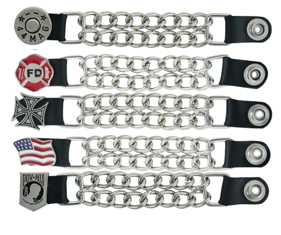 Vest Chains...a great accessory for your vest. Sure they look great but they offer some great options for your riding. In our experience most folks will use at least 2 but some will go with more, it's your choice. These options are the basic chrome plated double chain with leather ends (with exception of Single Chain). The average length is approx. 4"- 4 1/2" long. Snaps are attached with a leather folded part. Please note the ladies vests snap opposite side to the men. Each Sold Individually. 