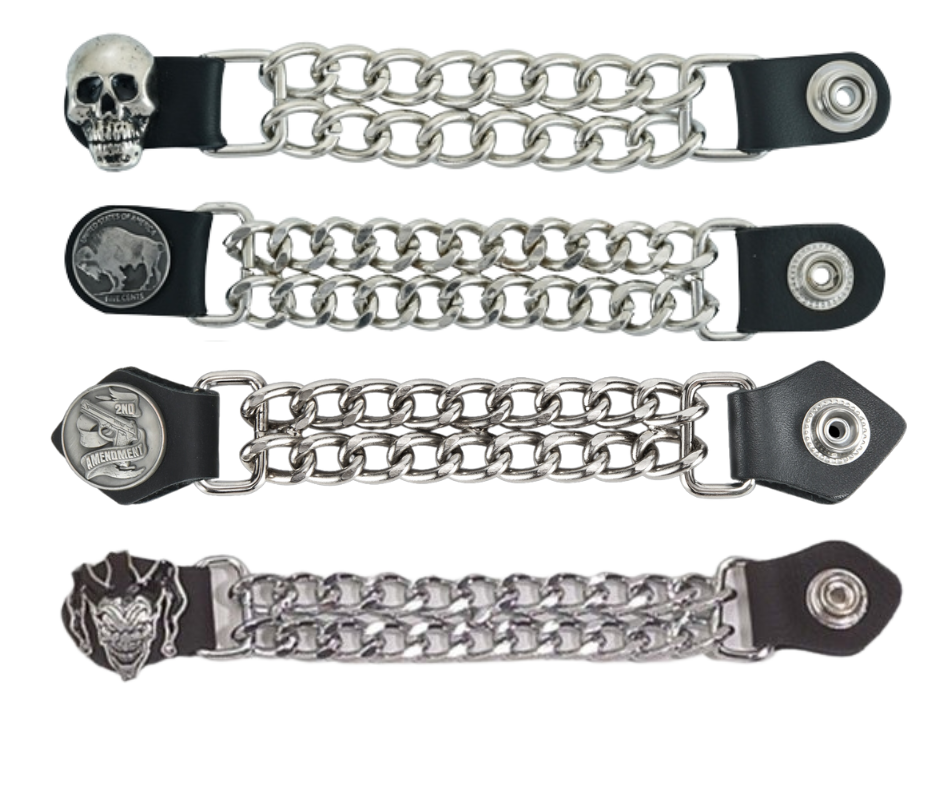 Vest Chains...a great accessory for your vest. Sure they look great but they offer some great options for your riding. In our experience most folks will use at least 2 but some will go with more, it's your choice. These options are the basic chrome plated double chain with leather ends (with exception of Single Chain). The average length is approx. 4"- 4 1/2" long. Snaps are attached with a leather folded part. Please note the ladies vests snap opposite side to the men. Each Sold Individually. 