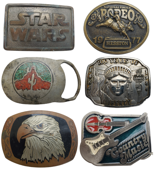 If your always in Thrift stores looking shirts, jeans, jackets these Vintage Buckles are a great match. We sometimes come across these either buying one at a time or small collections we hope to continue to offer these. Notice I've took front and back pictures to give you a honest representation of they're appearance. These are also available if you stop in our Smyrna, TN shop to see in person. Selection will always be changing.