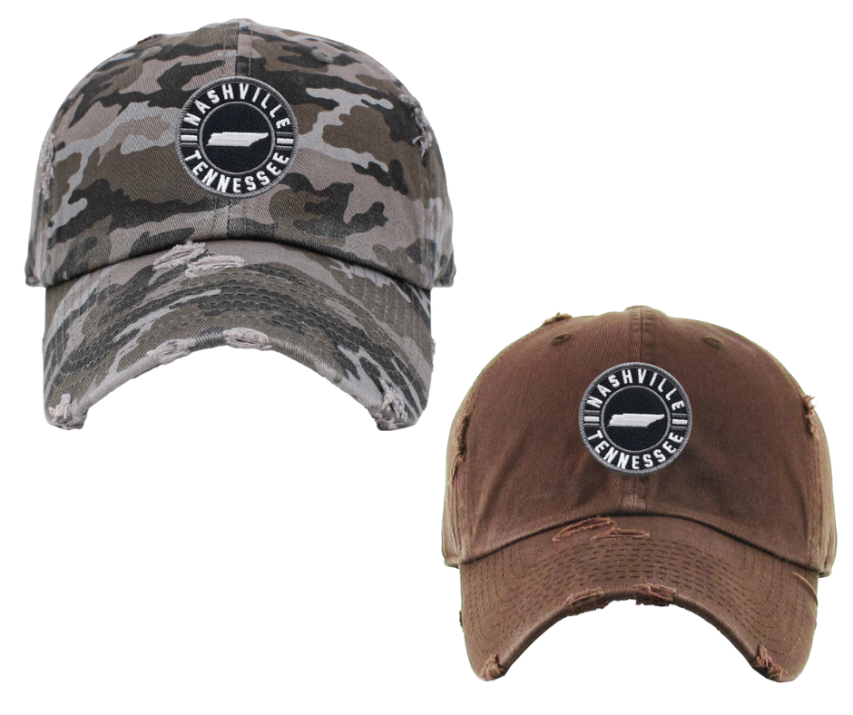 Embroidered Nashville Tennessee Patch Vintage distressed washed style 100% breathable premium cotton Pre-curved visor with 8-row stitching on visor. Matching under visor 6 panel low profile unconstructed Lightweight, durable, smooth, with a hint of stretch One size fits most, Adjustable metal buckle back closure. Shop now at our Smyrna, TN store or online.