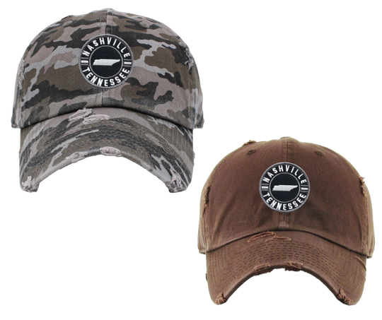 Embroidered Nashville Tennessee Patch Vintage distressed washed style 100% breathable premium cotton Pre-curved visor with 8-row stitching on visor. Matching under visor 6 panel low profile unconstructed Lightweight, durable, smooth, with a hint of stretch One size fits most, Adjustable metal buckle back closure. Shop now at our Smyrna, TN store or online.