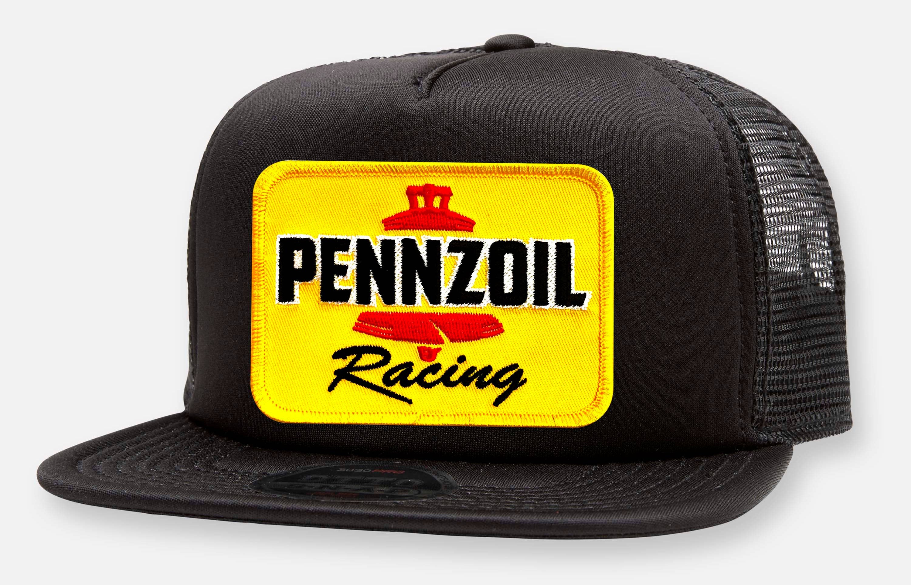 This Pennzoil Race Team patch hat is part of our new Classic Trucker Hat Collection. This Flat Bill trucker hat features a big burly vintage Pennzoil Race Team patch sewn on the front panel. This hat is as old school as it gets! Get yours at our Smyrna, TN shop not far Broadway downtown Nashville.

Snap Back Flat Bill Trucker Hat
Vintage Pennzoil Race Team Embroidered Patch is sewn on the front foam panel
One size fits most y’all