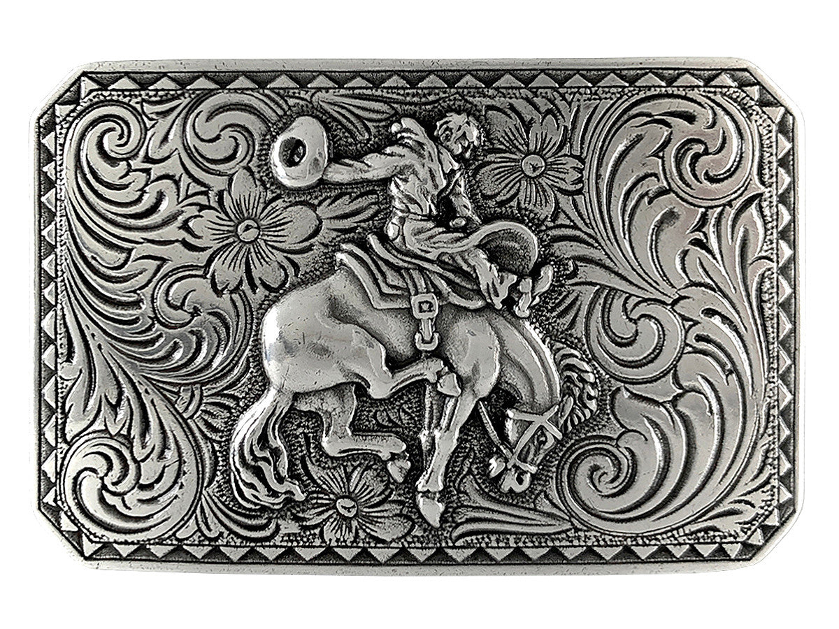 The Virgil is known for being one of the Best Bucking Horses of all time! So we named this Bronc Belt Buckle after him so you can pay homage to the best. It's rectangle shape makes it easy on the mid section to wear and it's Antique Silver finish will match nearly anything you wear. See this buckle at our Smyrna, TN shop not far from the nearest Boot store.