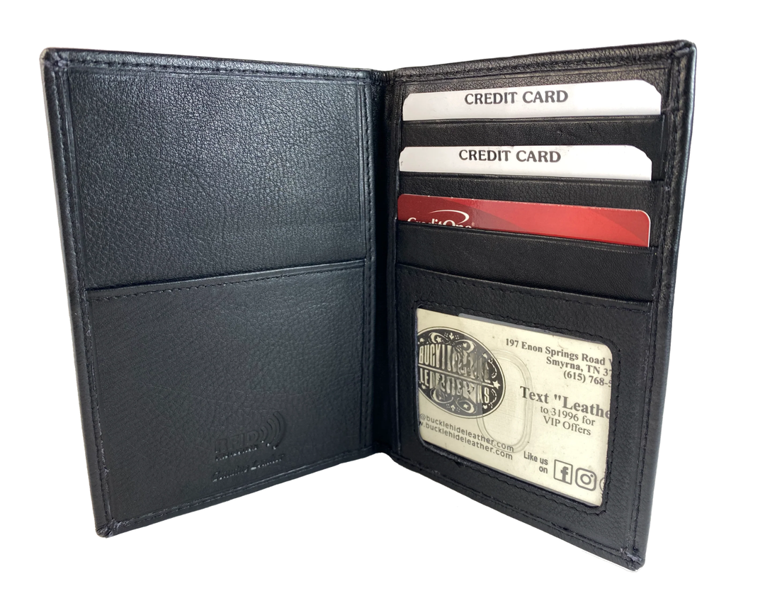 Leather Bi-Fold Passport/Wallet with three card slots, two inside pockets, passport slot and a cash pocket. A convenient way to keep everything you need in one place! Imported and Buckle and Hide Approved! Great for men or women!