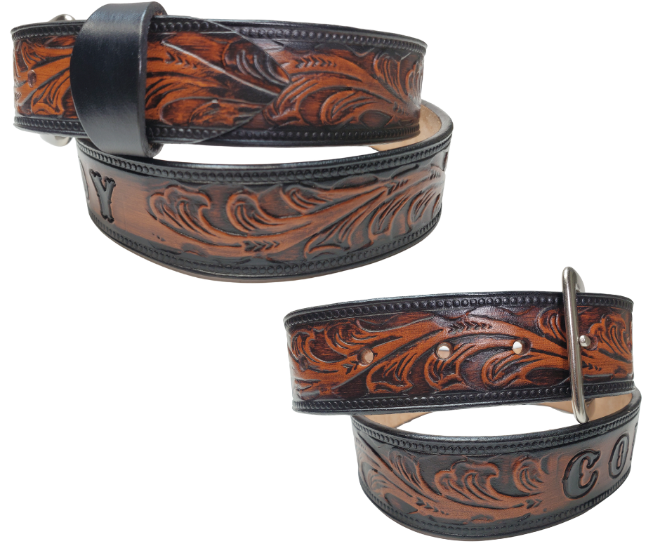 The Waggoneer Name Belt is a Classic Scroll pattern that will lift any look you going for. Embossed Western floral with a bead border. Made from approx. 9/10 oz. veg-tan cowhide with 2 snaps for easy buckle change. Made in our Smyrna, TN shop. If you visiting from outa town stop by and visit us.