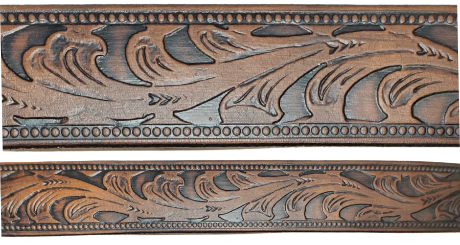 The Waggoneer Name Belt is a Classic Scroll pattern that will lift any look you going for. Embossed Western floral with a bead border. Made from approx. 9/10 oz. veg-tan cowhide with 2 snaps for easy buckle change. Made in our Smyrna, TN shop. If you visiting from outa town stop by and visit us.