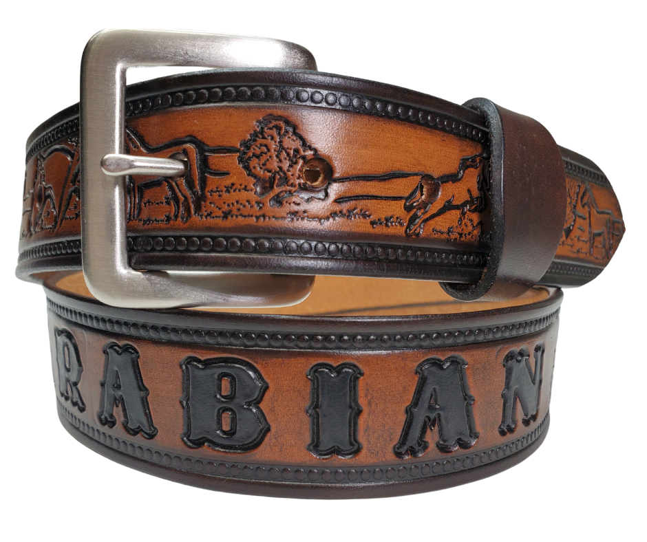 The Tennessee Walking Horse is known for its unique four-beat running-walk and flashy movement. It was originally used as a riding horse on farms. Our Name belts are 100% Veg-Tan, Cut, Embossed, Finished in our Smyrna, TN shop not far from Shelbyville where the National Celebration takes place.

Width is 1 1/2" with snaps for easy buckle change
Personalize it with up to 10 letters