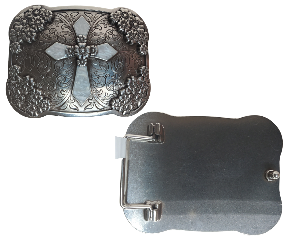 Has the Lord led you to the path of sacrifice that "The Way" of the Cross will be in your life? Show your commitment with this stunning buckle. A Pearl colored Cross in the center of a scroll design, plated in Antique silver, this beautiful buckle measures 2 3/4" tall and 3 3/4" wide, fitting belts up to 1 1/2" wide. Get it in-store at our Smyrna, TN location near Nashville or online today! Imported