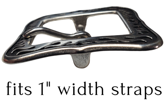Stainless Steel 1" Width - Fired up and ready to attach to your existing belt. Designed to fit 1" belts and measuring approximately 1 3/4" x 1-7/8", it's available in our shop near Nashville in Smyrna, TN. Limited stock.