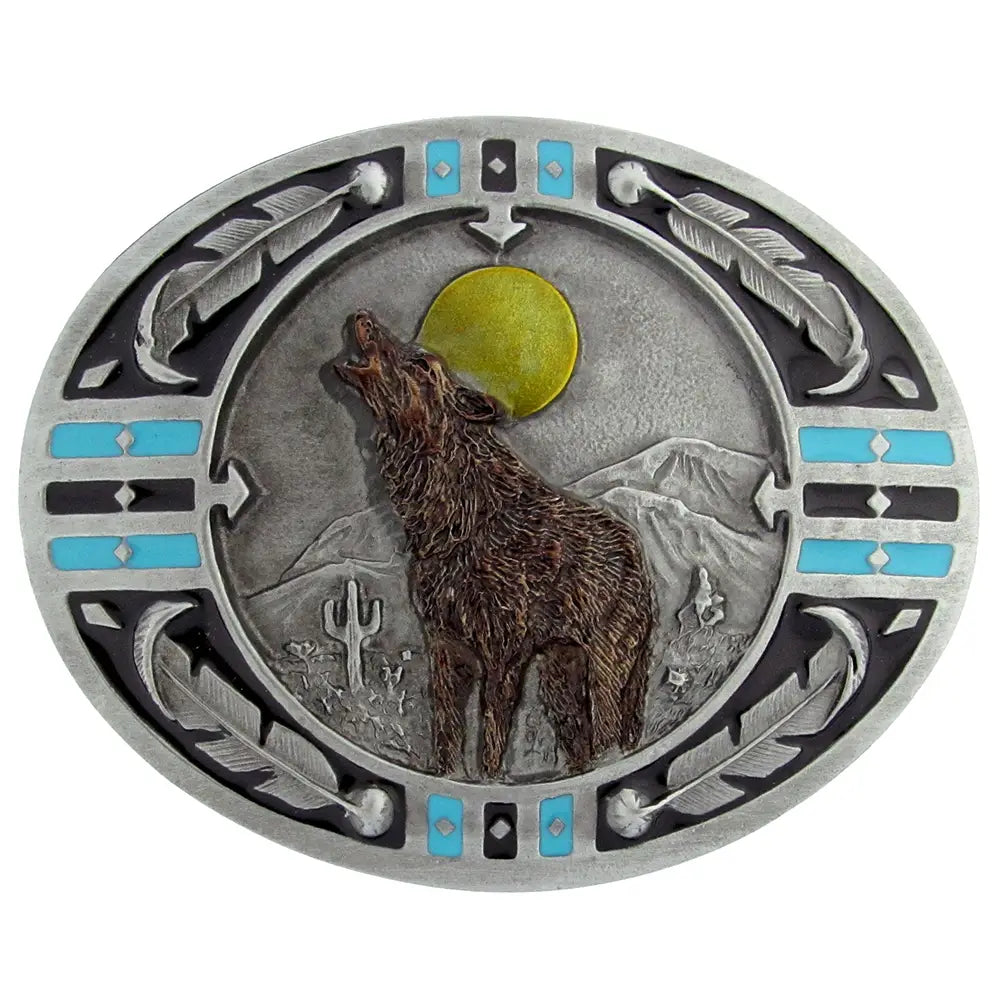 In many Native American traditions, the sound of a wolf’s howl signals upcoming change or a message from a spirit guide. Crafted in the USA, this buckle features a solid metal cast measuring 3 1/8" x 2 1/2". Made from lead-free zinc aluminum with non-toxic epoxy enamel, it fits belts up to 1 3/4". Find this Native Wolf buckle in our shop near Nashville, Smyrna, TN.