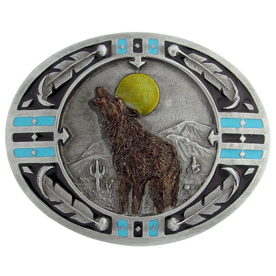 In many Native American traditions, the sound of a wolf’s howl signals upcoming change or a message from a spirit guide. Crafted in the USA, this buckle features a solid metal cast measuring 3 1/8" x 2 1/2". Made from lead-free zinc aluminum with non-toxic epoxy enamel, it fits belts up to 1 3/4". Find this Native Wolf buckle in our shop near Nashville, Smyrna, TN.