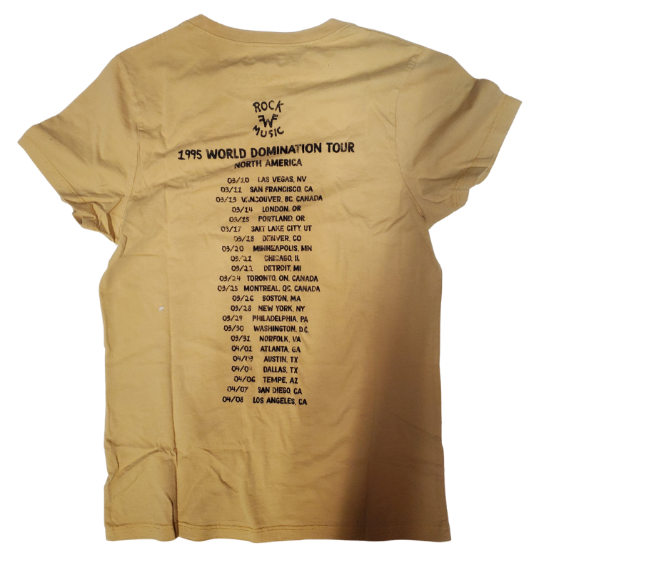 The Weezer Wonder Tee will remind you of those teen years with vintage style graphics and tour dates on the back. Remember those nerdy Beverly Hills days. Super soft feel. A few left in stock at our Smyrna, TN shop.

Sizing measurements:
Chest under arm pit S-16", M-17", LRG 18", XL-19", 2X- 20"
Length top of neck to bottom of shirt S -24, M-25", L-26", XL-27", 2X-28"