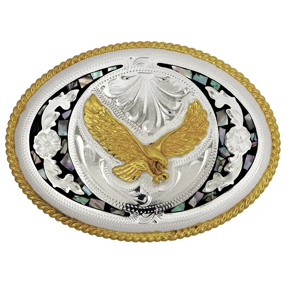 The "Isaiah's Eagle" belt buckle is a stylish showstopper. Crafted from German Silver with a brass overlay and shimmering abalone inlay, it showcases a soaring eagle framed by a rope-edged oval. Designed to fit belts up to 1 3/4" wide, this 4" x 3" buckle adds a bold touch to any outfit. Made in China and available at our Smyrna, TN shop near Nashville, it’s the perfect blend of flair and craftsmanship.