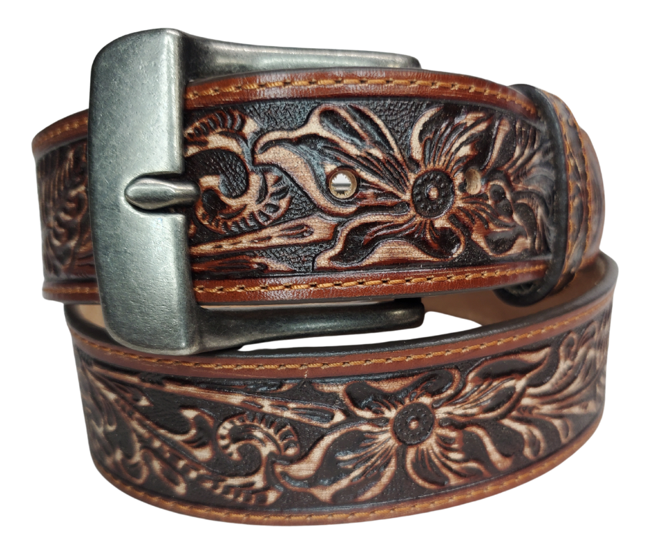 This leather belt perfectly captures the spirit of the Old West. It's 1 1/2" wide and embossed with a western style that you would find on any ranch. The leather is a beautiful deep mahogany brown with a black background to make the embossing pop out. Available in our Smyrna, TN shop.