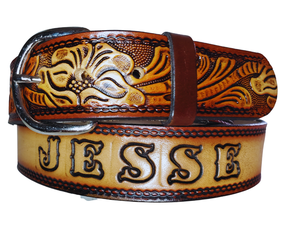 This leather belt has THE Classic Western Scroll pattern in a Brown Antiqued finish. Available in a 1 1/2" width. Full grain vegetable tanned cowhide, Width 1 1/2" and includes Nickle plated  buckle Smooth burnished painted edges. Made in USA! Type name OR No Name  in "Type Name Here" section.  Buckle snaps in place for easy changing if desired. In stock at our Smyrna, TN shop.