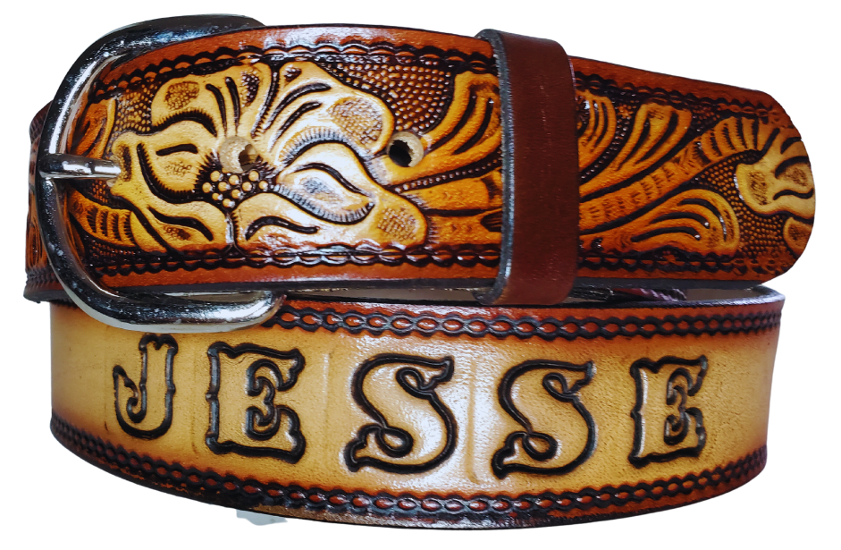 This leather belt has THE Classic Western Scroll pattern in a Brown Antiqued finish. Available in a 1 1/2" width. Full grain vegetable tanned cowhide, Width 1 1/2" and includes Nickle plated  buckle Smooth burnished painted edges. Made in USA! Type name OR No Name  in "Type Name Here" section.  Buckle snaps in place for easy changing if desired. In stock at our Smyrna, TN shop.