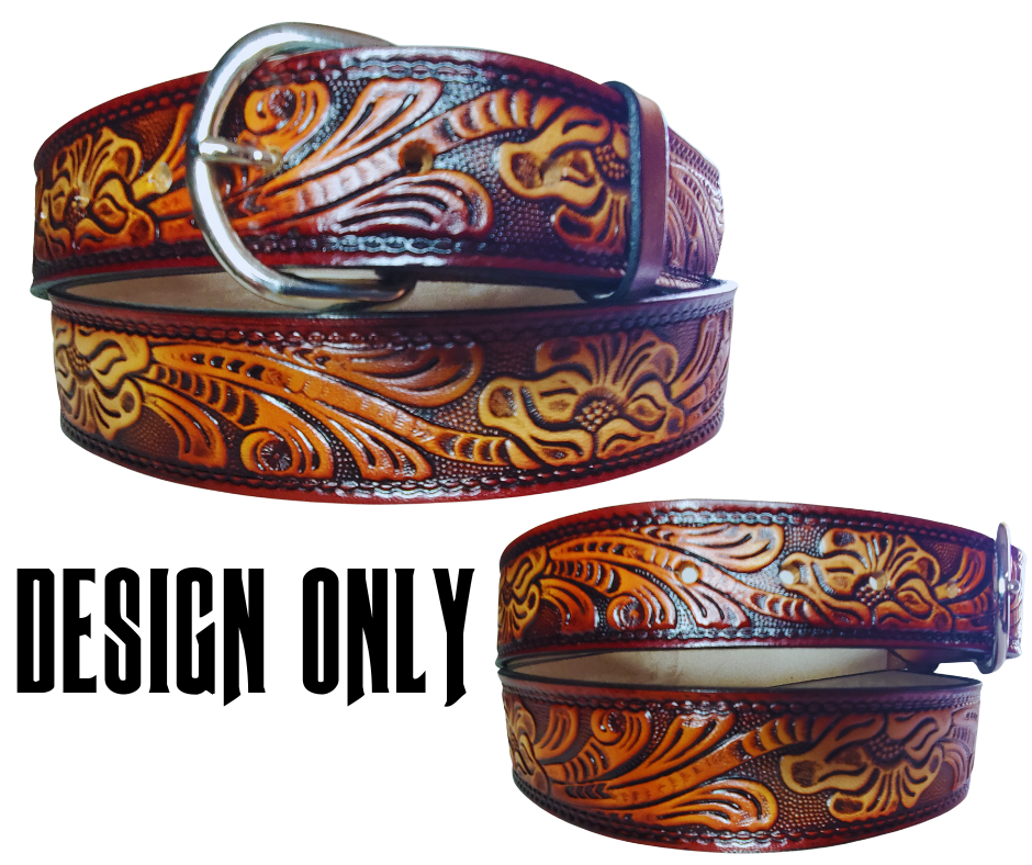 This leather belt has THE Classic Western Scroll pattern in a Brown Antiqued finish. Available in a 1 1/2" width. Full grain vegetable tanned cowhide, Width 1 1/2" and includes Nickle plated  buckle Smooth burnished painted edges. Made in USA! Type name OR No Name  in "Type Name Here" section.  Buckle snaps in place for easy changing if desired. In stock at our Smyrna, TN shop.