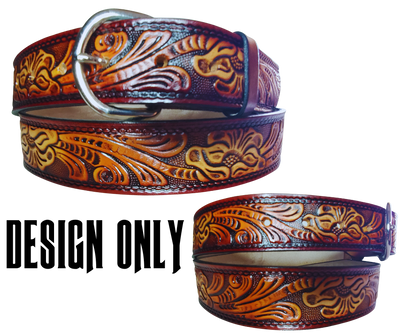 This leather belt has THE Classic Western Scroll pattern in a Brown Antiqued finish. Available in a 1 1/2" width. Full grain vegetable tanned cowhide, Width 1 1/2" and includes Nickle plated  buckle Smooth burnished painted edges. Made in USA! Type name OR No Name  in "Type Name Here" section.  Buckle snaps in place for easy changing if desired. In stock at our Smyrna, TN shop.