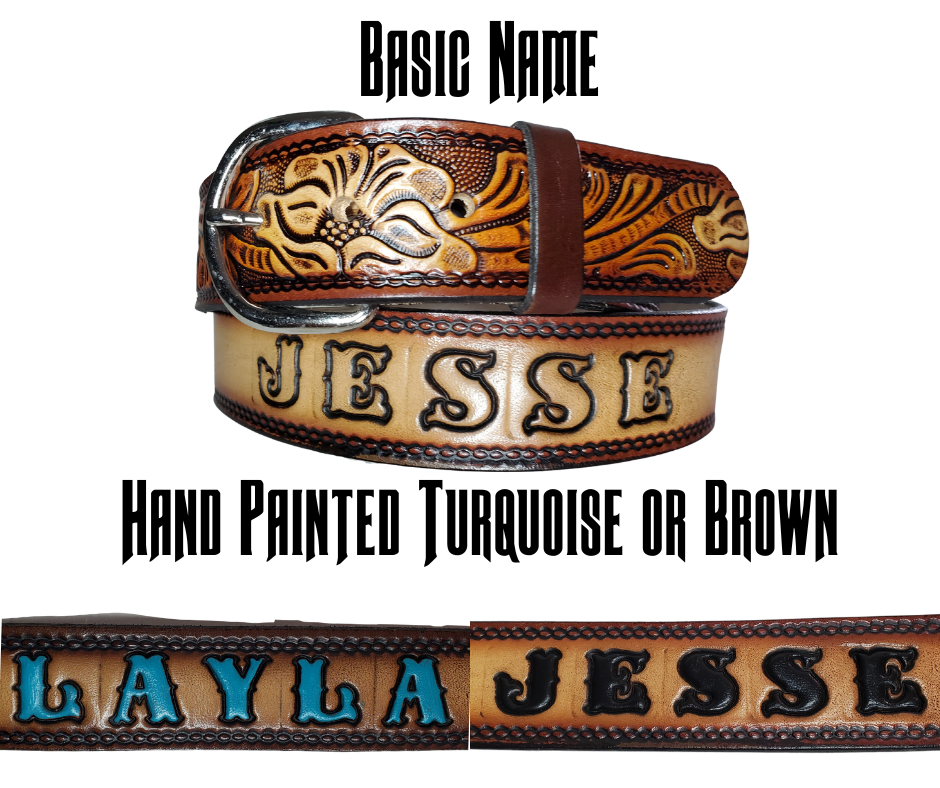 This leather belt has THE Classic Western Scroll pattern in a Brown Antiqued finish. Available in a 1 1/2" width. Full grain vegetable tanned cowhide, Width 1 1/2" and includes Nickle plated  buckle Smooth burnished painted edges. Made in USA! Type name OR No Name  in "Type Name Here" section.  Buckle snaps in place for easy changing if desired. In stock at our Smyrna, TN shop.