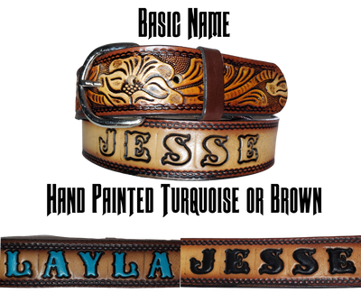 This leather belt has THE Classic Western Scroll pattern in a Brown Antiqued finish. Available in a 1 1/2" width. Full grain vegetable tanned cowhide, Width 1 1/2" and includes Nickle plated  buckle Smooth burnished painted edges. Made in USA! Type name OR No Name  in "Type Name Here" section.  Buckle snaps in place for easy changing if desired. In stock at our Smyrna, TN shop.