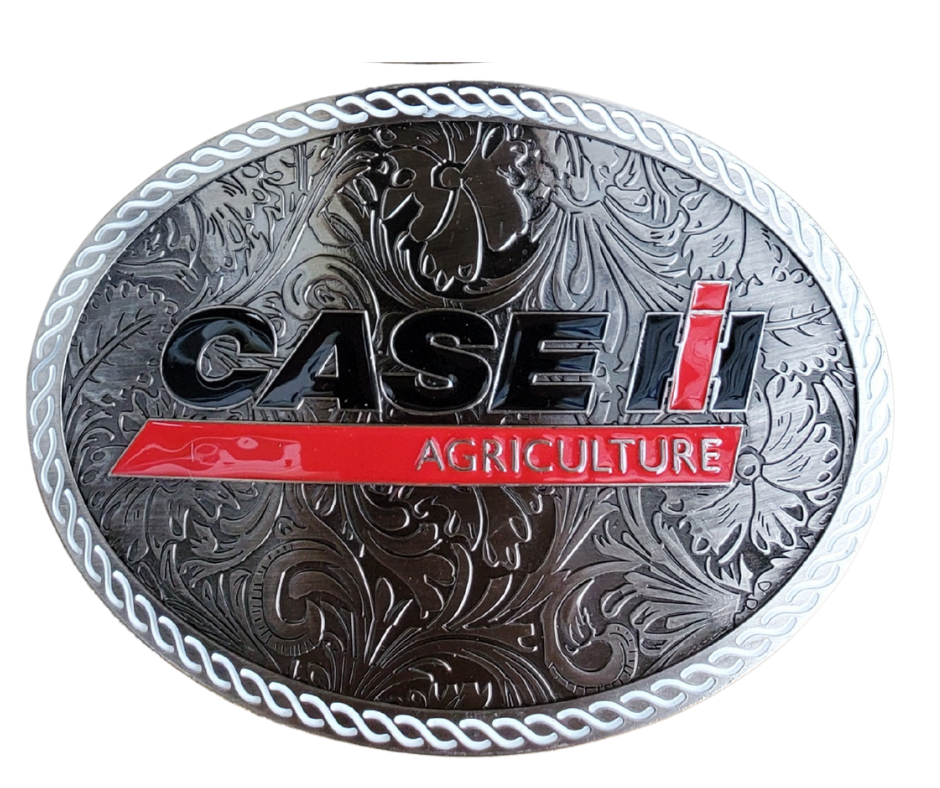 CASE Farmall IH Belt Buckle. Western Floral background oval with classic logo in Red, Black and a White rope style border. Size approx. 3 3/4" wide x 2 3/4" height, Fits up to 1 1/2" wide belts. Available in our shop in Smyrna, TN just outside Nashville.