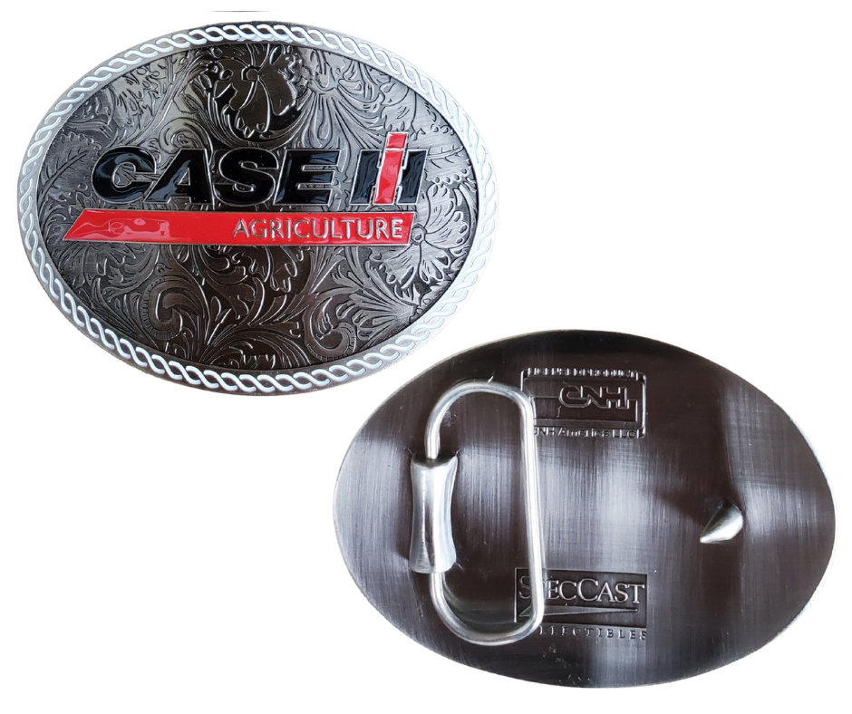 back view - CASE Farmall IH Belt Buckle. Western Floral background oval with classic logo in Red, Black and a White rope style border. Size approx. 3 3/4" wide x 2 3/4" height, Fits up to 1 1/2" wide belts. Available in our shop in Smyrna, TN just outside Nashville.