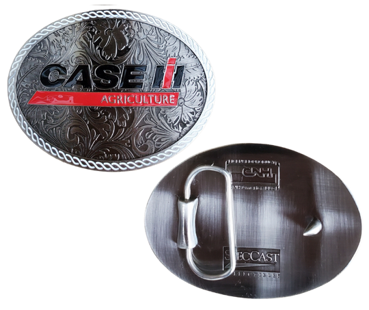 back view - CASE Farmall IH Belt Buckle. Western Floral background oval with classic logo in Red, Black and a White rope style border. Size approx. 3 3/4" wide x 2 3/4" height, Fits up to 1 1/2" wide belts. Available in our shop in Smyrna, TN just outside Nashville.