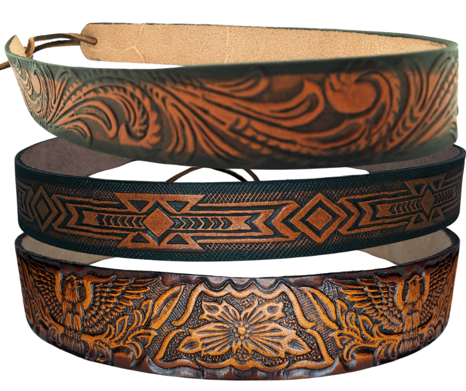 <p>A classic Western Styled pattern <b><i>Hand Stained</i></b> leather hatband. Band is 1" wide will fit up to size 7 1/2 hat. Matches our Rustler Belt. Fit's most any hat with adjustable bead and leather 1/8" string. Will fit most WESTERN crowned hats. Made in our Smyrna, TN. shop a short drive from downtown Nashville, TN.</p> <p>&nbsp;</p>