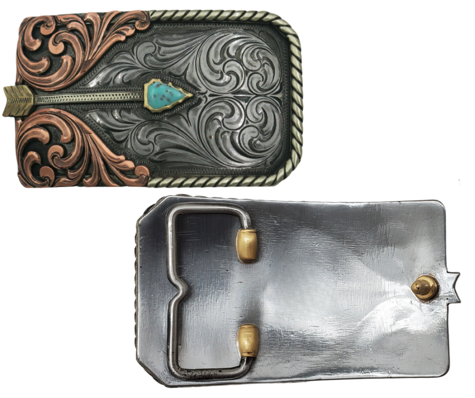 The Westwind Arrow belt buckle is made from German Silver(nickel and brass alloy)or iron metal base. These buckles have motifs made of copper, iron or brass and some are adorned with synthetic stones. In order to give you the quality and long lasting  product. Available at our Smyrna, TN shop just outside of Nashville.
