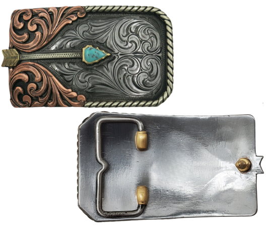 The Westwind Arrow belt buckle is made from German Silver(nickel and brass alloy)or iron metal base. These buckles have motifs made of copper, iron or brass and some are adorned with synthetic stones. In order to give you the quality and long lasting  product. Available at our Smyrna, TN shop just outside of Nashville.