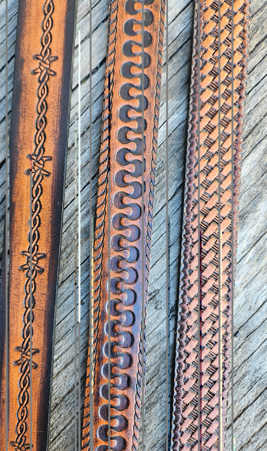 Classic Western Styled, embossed pattern leather hatbands that are 3/4" wide fitting up to size 7 1/2 hat. Fit&